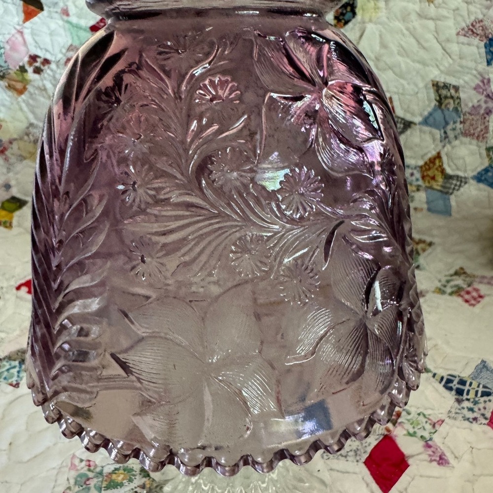 Vintage Purple Pressed Glass Floral Fairy Lamp Candle Holder 2 Piece Clear Base - Picture 2 of 9